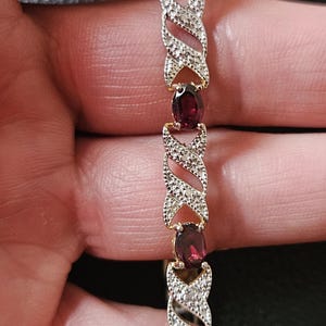 BR040 Sterling Silver Ruby Tennis Bracelet in Gold Wash with Hugs and Kisses Links- Vintage