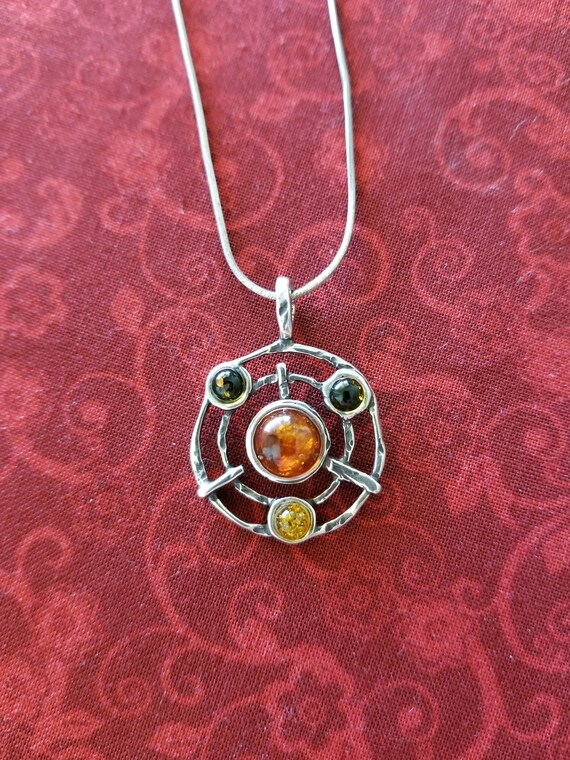 CP289 4 Amber Stones in Sterling Silver Pendant a… - image 1