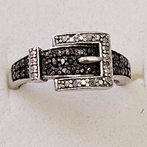R118 Diamond Sterling Silver Belt Buckle Ring with Black and Clear Diamonds - Size 8 - Vintage
