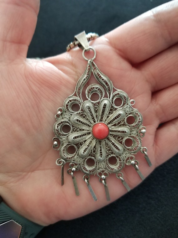 CP379 Filigree Sterling Silver Pendant with Red S… - image 2