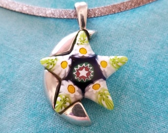 CP374 Millefiori Star and Sterling Silver Moon Pendant with Sterling Silver Omega Chain