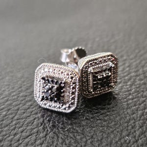 E002 Diamond Earrings - Black and Clear Diamonds - in Sterling Silver - Vintage