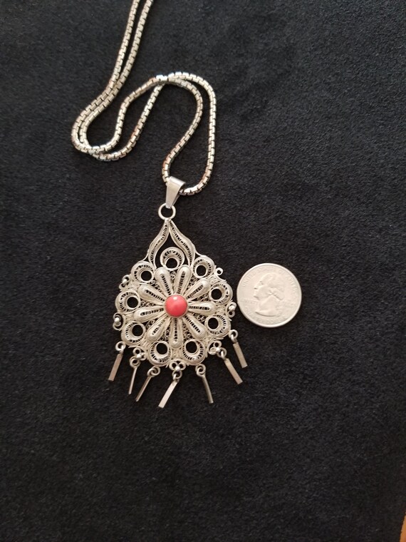 CP379 Filigree Sterling Silver Pendant with Red S… - image 3
