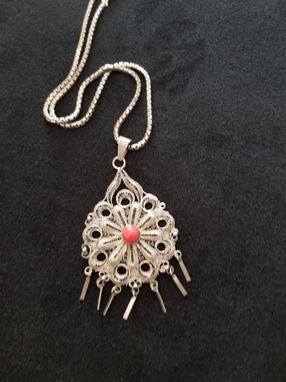 CP379 Filigree Sterling Silver Pendant with Red S… - image 4