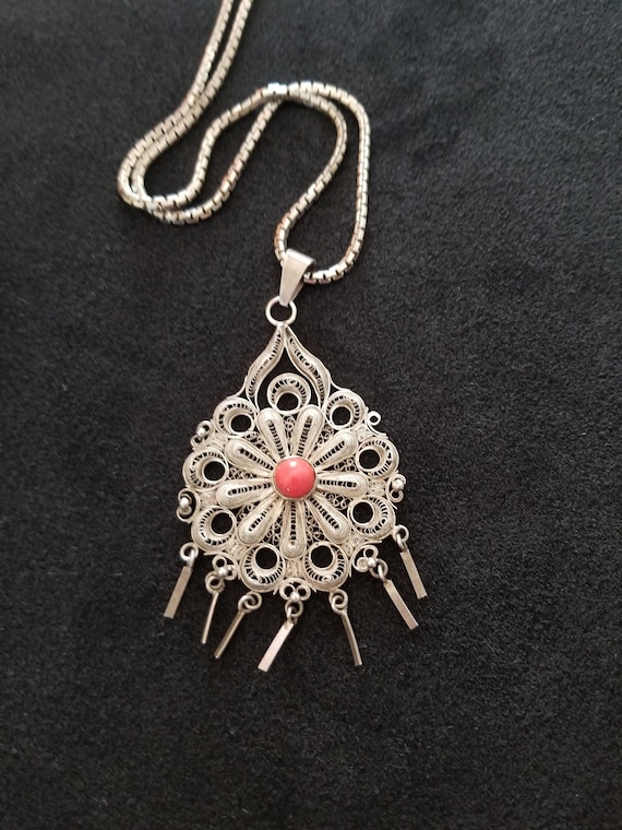 CP379 Filigree Sterling Silver Pendant with Red S… - image 1