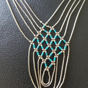 C178 Southwestern Multi-Strand Liquid Silver Necklace with Weave and Beads - Vintage
