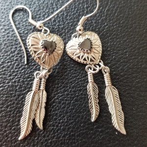 E160 Southwestern Sterling Silver Earrings with Heart Medallion with Hematite Center and Two Sterling Silver Feathers - Vintage