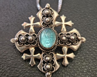 CP237 エルサレム十字架、輝くブルーのセンターストーン、スターリング