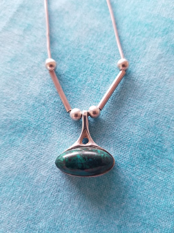 CP304 Turquoise Sterling Silver Pendant and Silver Beads with Sterling Silver Snake Chain - Vintage