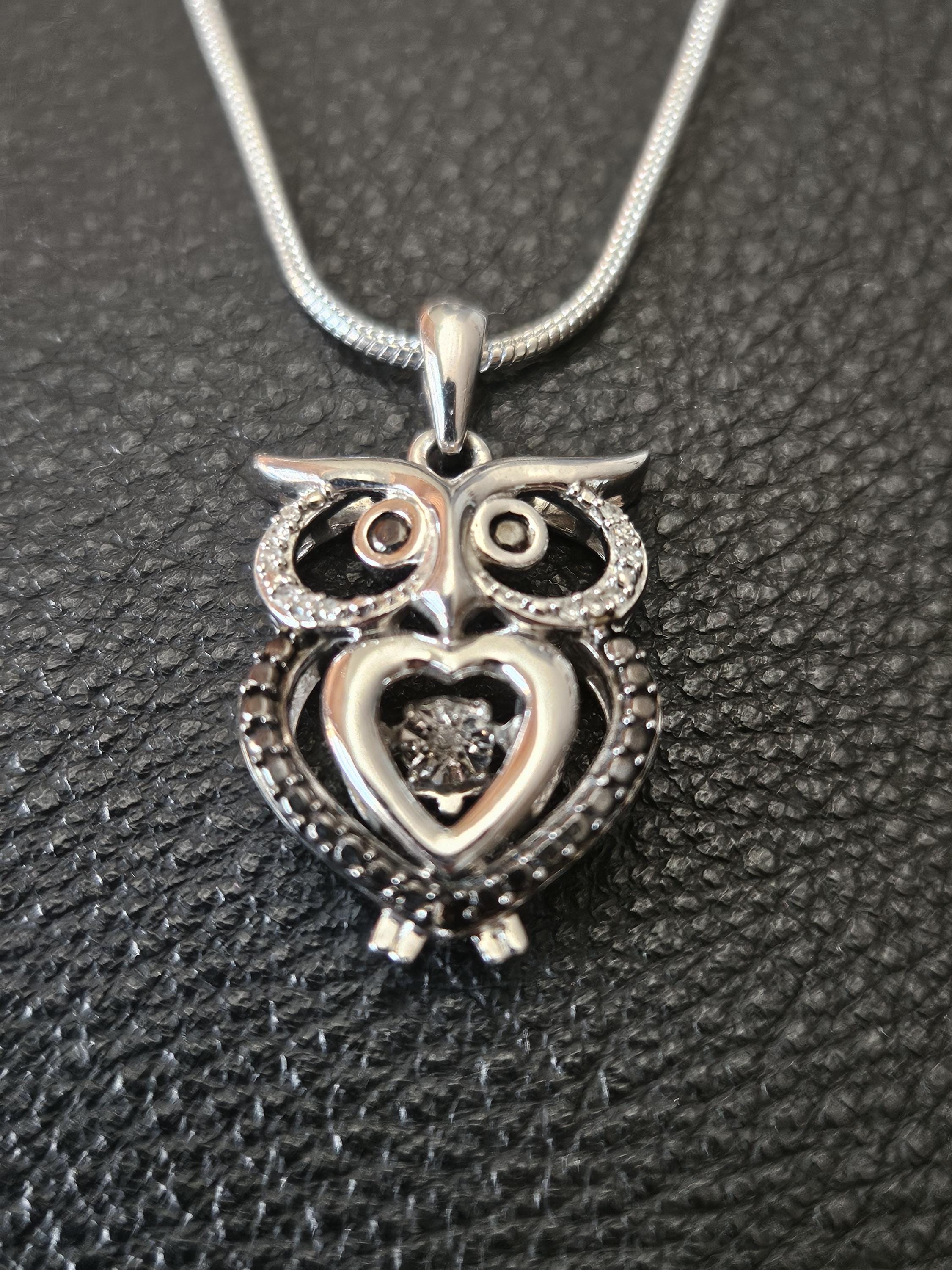 CP862 Diamond Owl Pendant in Sterling Silver with Sterling Silver Snake Chain Necklace - Vintage
