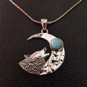 CP710 Wolf Howling at the Moon Pendant with Larimar Moon in Sterling Silver and Sterling Silver Necklace