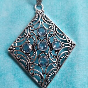 CP191 Topaz Stones in Large Filigree Sterling Silver Pendant with Sterling Silver Twisted Chain -Vintage