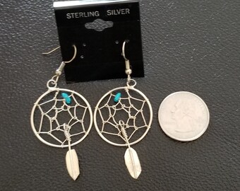 E091 南西部ドリームキャッチャーイヤリング ターコイズと羽根付き