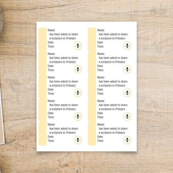 Bee Primary Assignment Sticker Printable on Label Template 6528 || LDS Primary Presidency Printable