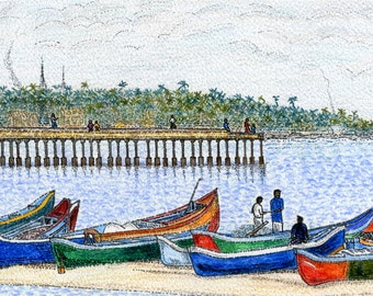 Fishing Boats, NORTH MALABAR, KERALA. Ink and Watercolour.