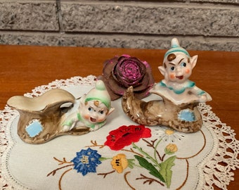 Salero y pimentero de elfo vintage: cerámica pintada a mano, hecho en Japón