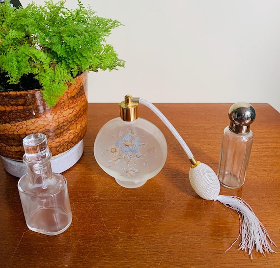 Antique French 1910 Glass Perfume Bottles Paris /Retro 1950s Perfumes Bottles / Vintage 1970s Atomiser Floral Frosted Glass Perfume Bottle