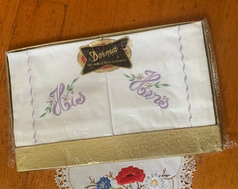 Fundas de almohada de algodón bordadas Dorma de la década de 1950 con monogramas para él y para ella, fundas de almohada retro, fabricadas en Inglaterra, regalo de boda vintage