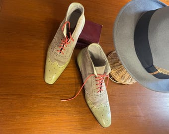 Botas brogue vintage de ante gris y charol verde hechas a mano para hombre y mujer/Zapatos de cuero hechos a mano Manee Milano/Botas de cuero italiano