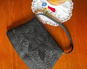 Bolso de mano o cartera vintage de algodón negro bordado de los años 40 / Preciosos bolsos de noche negros con asa superior estilo cordé / Bolsos y carteras antiguos