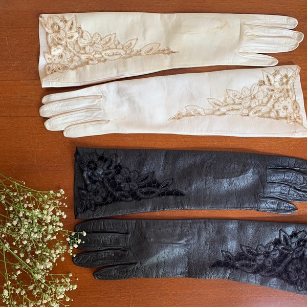 1950s Vintage Long Beautiful Black Kit Leather Gloves With Lace Cutouts/By Carretto Lavabile/Retro Wedding Gloves/Kit Leather Evening Gloves