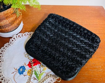 Bolso de noche vintage de rafia negra de los años 50 y 60/Bolso de mano negro con asa superior de paja tejida/Bolso de noche retro/Bolso de mano tejido negro moderno de mediados de siglo.