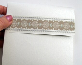 8 CD Envelopes White shimmer w/ taupe lace accent 5 x 5 x 1/8  Photographer digital photo packaging Card CD gift DVD square envelope Wedding