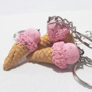 Strawberry Swirl Ice Cream Cone Charm - Handmade Polymer Clay Dessert Keychain Charms Ready To Ship by ColorspinnerCrafts on Etsy