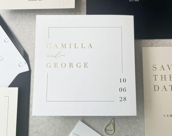 Klassische Hochzeitseinladung. Goldfolie Concertina Einladung. Neutrale Tonal Hochzeitseinladung. Neutral & Schwarz Trifold Einladungen.