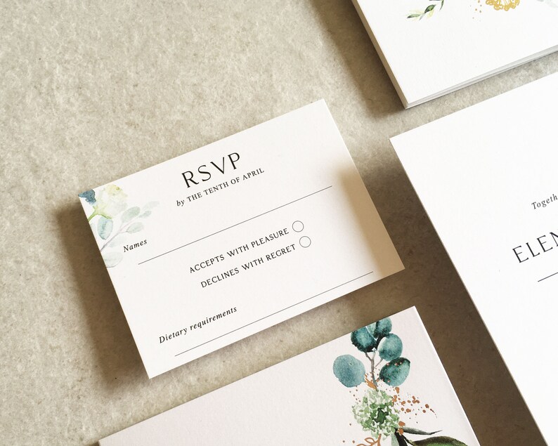 Elena Greenery Flat Wedding Invitation Set - Luxury Flat Wedding Invitation Bundle - Foliage Wedding - Eucalyptus - Gold Foil Invitations image 5