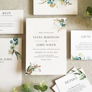 Elena Greenery Flat Wedding Invitation Set - Luxury Flat Wedding Invitation Bundle - Foliage Wedding - Eucalyptus - Gold Foil Invitations image 2