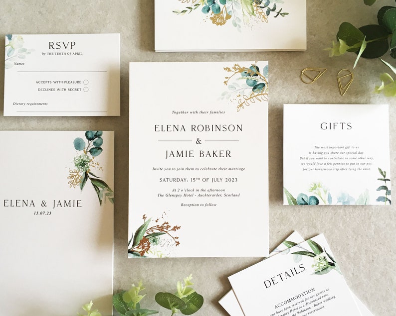 Elena Greenery Flat Wedding Invitation Set - Luxury Flat Wedding Invitation Bundle - Foliage Wedding - Eucalyptus - Gold Foil Invitations image 2