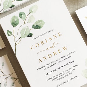 Corinne Greenery Flaches Hochzeitseinladungs-Set - Elegante Hochzeitseinladung - Rustikale Hochzeitseinladung - Eukalyptus - Goldhochzeitseinladungen