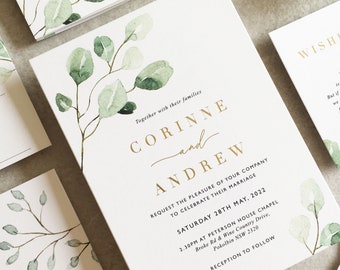 Corinne Greenery Flat Wedding Invitation Set - Elegant Wedding Invite - Rustic Wedding Invitation - Eucalyptus - Gold Wedding Invitations