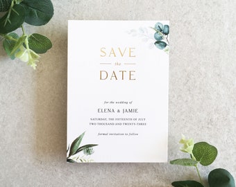 Elena Greenery Save the Date Cards - Gold Save the Date Card - Greenery Wedding - Botanical Wedding - Rustic Wedding - Elegant Wedding