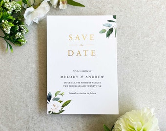 Melody Greenery Save the Date. White Floral & Greenery Invitation. Green Foliage Invitation. Gold Foil Pressed Botanical Wedding Invitation.