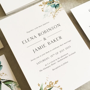 Elena Greenery Flat Wedding Invitation Set - Luxury Flat Wedding Invitation Bundle - Foliage Wedding - Eucalyptus - Gold Foil Invitations image 1