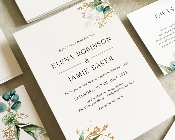 Elena Greenery Flat Wedding Invitation Set - Luxury Flat Wedding Invitation Bundle - Foliage Wedding - Eucalyptus - Gold Foil Invitations