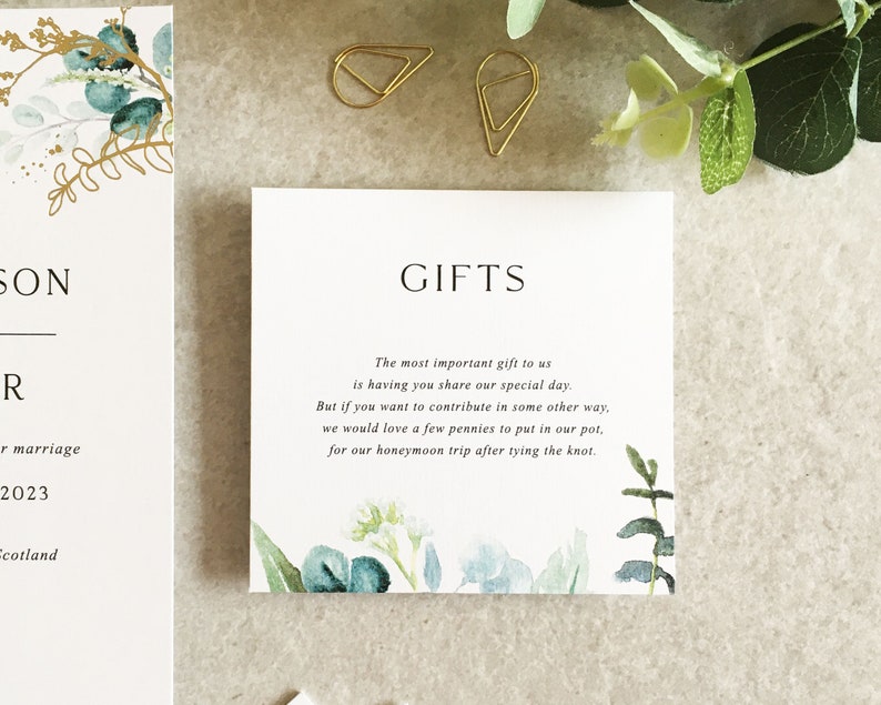 Elena Greenery Flat Wedding Invitation Set - Luxury Flat Wedding Invitation Bundle - Foliage Wedding - Eucalyptus - Gold Foil Invitations image 3