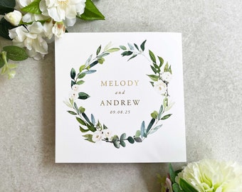 Melody Greenery - White Floral Wedding Invitation. Greenery Wreath Invitation / Save the Date. Evening Reception Invitation. Gold & Green.