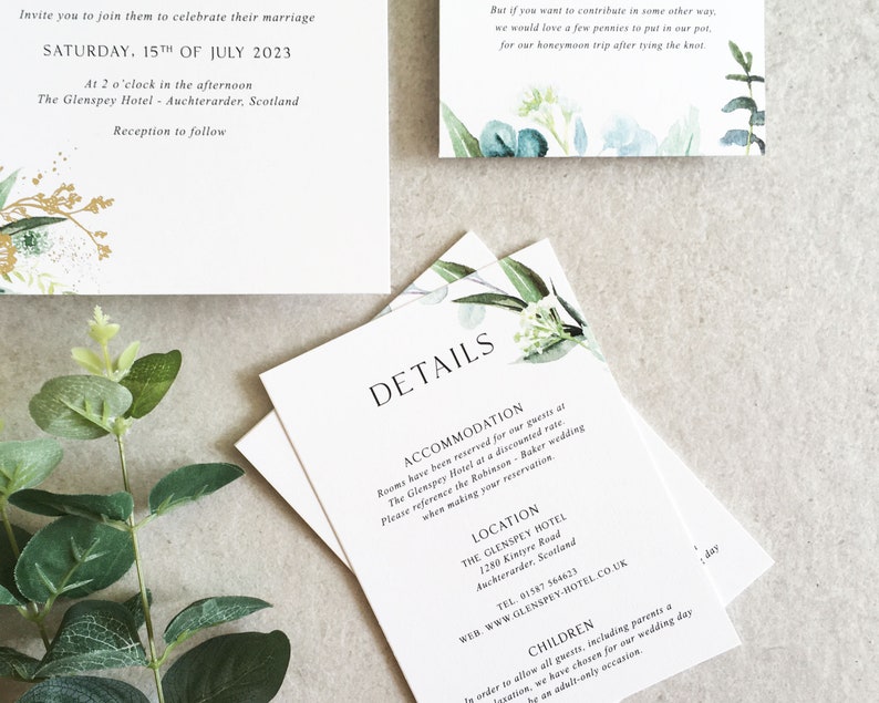 Elena Greenery Flat Wedding Invitation Set - Luxury Flat Wedding Invitation Bundle - Foliage Wedding - Eucalyptus - Gold Foil Invitations image 4