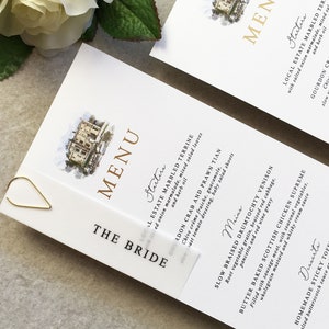 Tarjeta de menú de boda con pintura de Olivia Venue - Menús de boda - Menú de boda laminado - Menú de boda dorado - Boda en oro rosa - Menú de boda plateado -