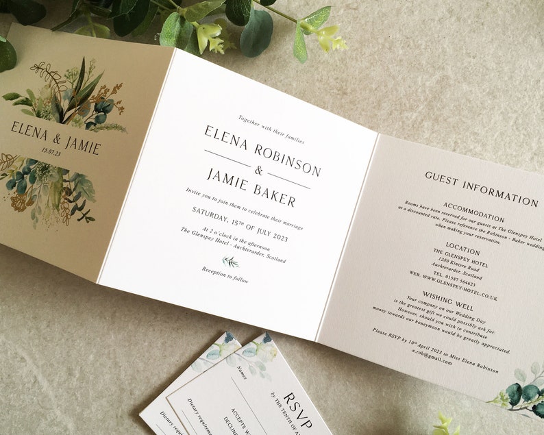 Elena Greenery Flat Wedding Invitation Set - Luxury Flat Wedding Invitation Bundle - Foliage Wedding - Eucalyptus - Gold Foil Invitations image 7