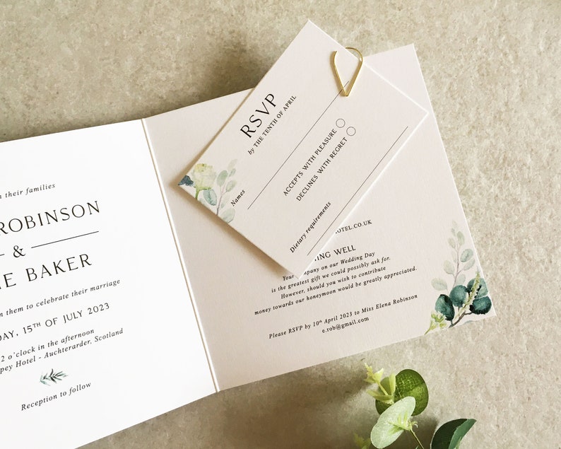 Elena Greenery Flat Wedding Invitation Set - Luxury Flat Wedding Invitation Bundle - Foliage Wedding - Eucalyptus - Gold Foil Invitations image 8