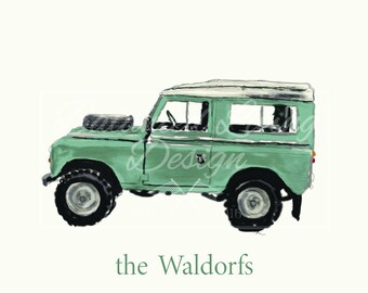 May include: A vintage green Land Rover with a white roof and a spare tire on the hood. The text "the Waldorfs" is written below the vehicle.