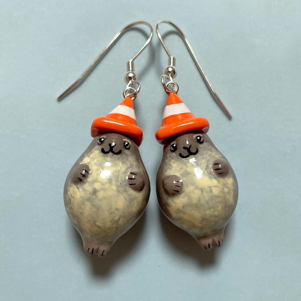 Extra Chonky Neil the Seal Earrings with Traffic Cone Hats! Australian Earrings / Funny Polymer Clay Jewellery