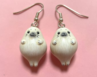Baby Seal Earrings, Fluffy White Seal Charms, Cute Seal Jewellery, Round Animals, Baby Animal Earrings, Miniature Seal Sculpture