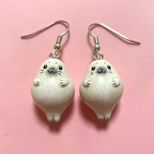 Baby Seal Earrings, Fluffy White Seal Charms, Cute Seal Jewellery, Round Animals, Baby Animal Earrings, Miniature Seal Sculpture