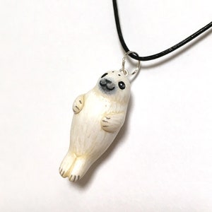 Seal Charm Necklace, White Baby Seal, Miniature Polymer Clay Pendant, Cute Seal Jewellery image 1