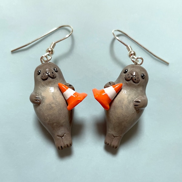 Neil the Seal Earrings with Tiny Traffic Cones! Funny Earrings Handmade with Polymer Clay, Australian Jewellery
